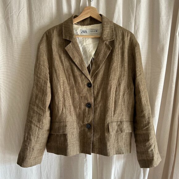 ZARA Linen Beige Striped Blazer Size M - Picture 3 of 11